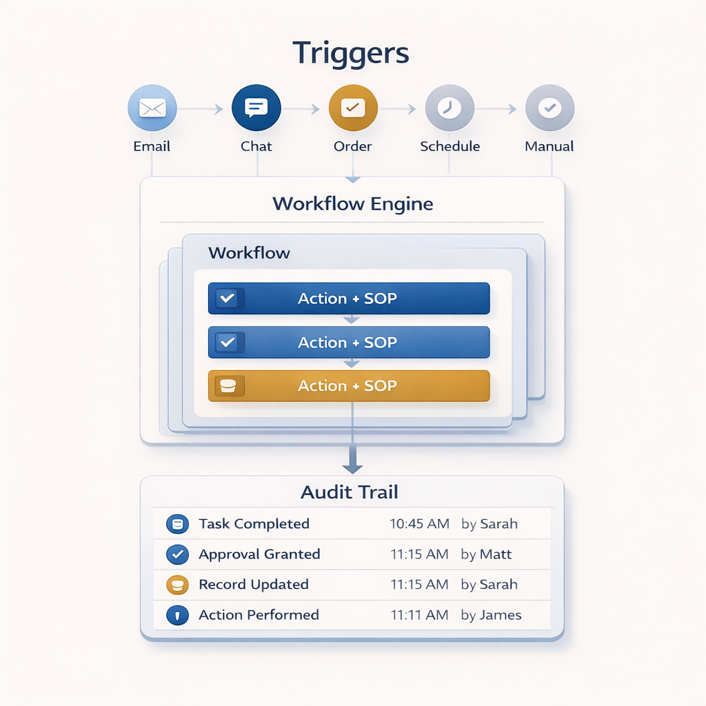 Canban workflow system diagram showing triggers, workflow, actions and SOPs, completion, and audit trail